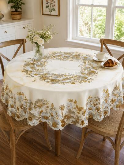 1pc Elegant Gold Floral Tablecloth, White Marble Texture Daisy Print Tablecloth, Luxury Fabric Tablecloth Suitable For Wedding Party, Dining And Home Decor