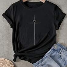 Camiseta de mujer Cruz con Corazón en el Centro Manga Corta Cuello Redondo Casual Adecuado para primavera y verano - Negro - Ver 1