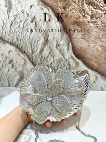 1件奢華金色水鑽花朵手提包，優雅女士貝殼造型晚宴手拿包，附金屬鏈條肩帶，適合派對、婚禮與晚禮服配件 - 彩色 - 查看 10