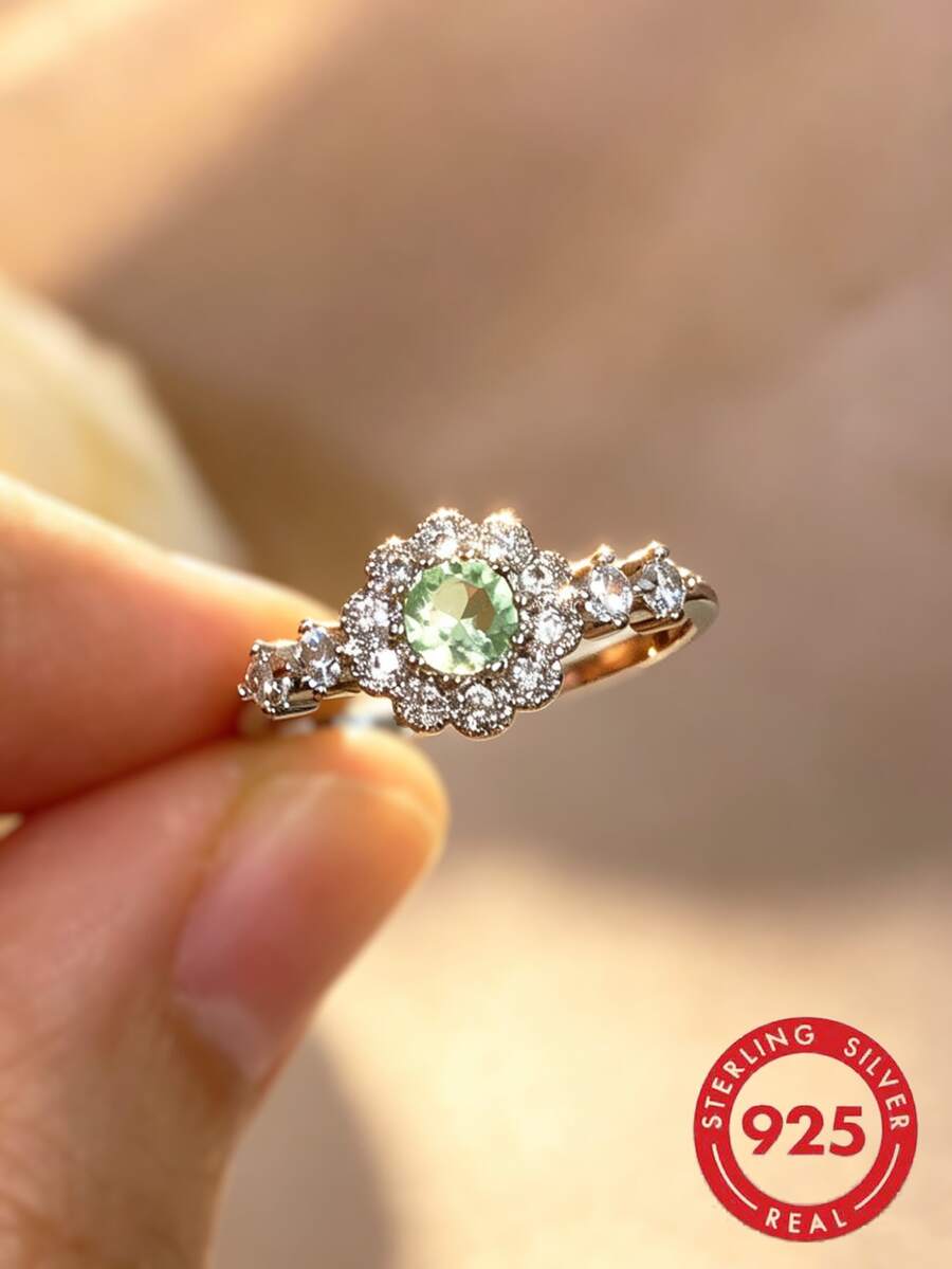 1pc S925 Sterling Silver Synthetic Pale Green Zirconia Ring, Bohemian Elegant Everyday & Party Wear Jewelry For Women - Silver - View 1