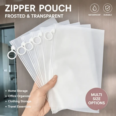 Sac de rangement transparent givré avec anneau de traction, rangement domestique, cosmétiques, jouets, classification des vêtements, essentiels de voyage, grande capacité en matériau PE, emballage de coques de téléphone, emballage d'écharpes