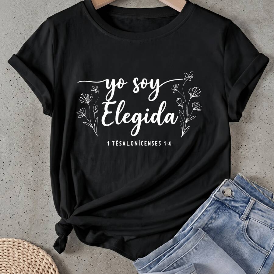 Camiseta de mujer Yo Soy Elegida Versículo de la Biblia Manga Corta Cuello Redondo Casual Adecuado para primavera y verano - Negro - Ver 1