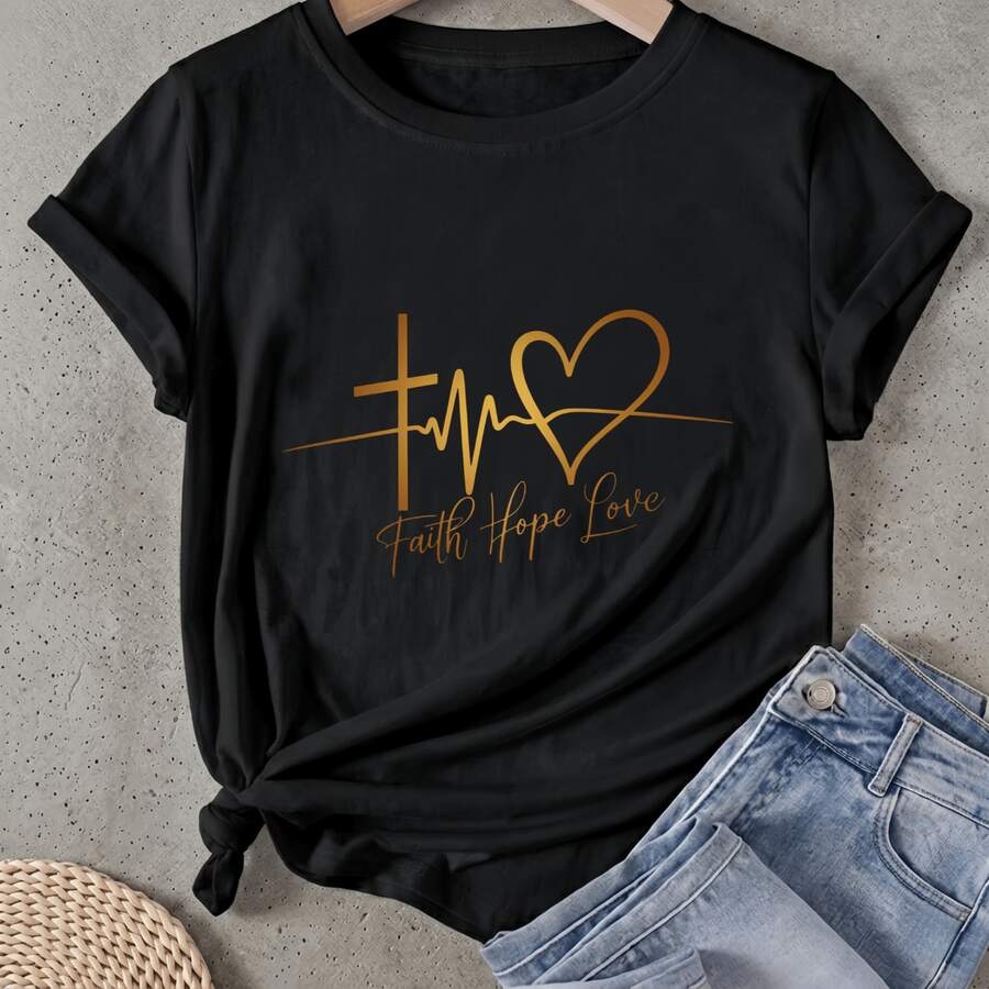 Camiseta de mujer Fe Fe Esperanza Amor Corazón Cruz Manga Corta Cuello Redondo Casual Adecuado para primavera y verano - Negro - Ver 1