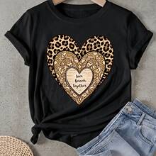 Camiseta de mujer Patrón de Leopardo Corazón Amor Juntos Para Siempre Manga Corta Cuello Redondo Casual Adecuado para primavera y verano - Negro - Ver 1