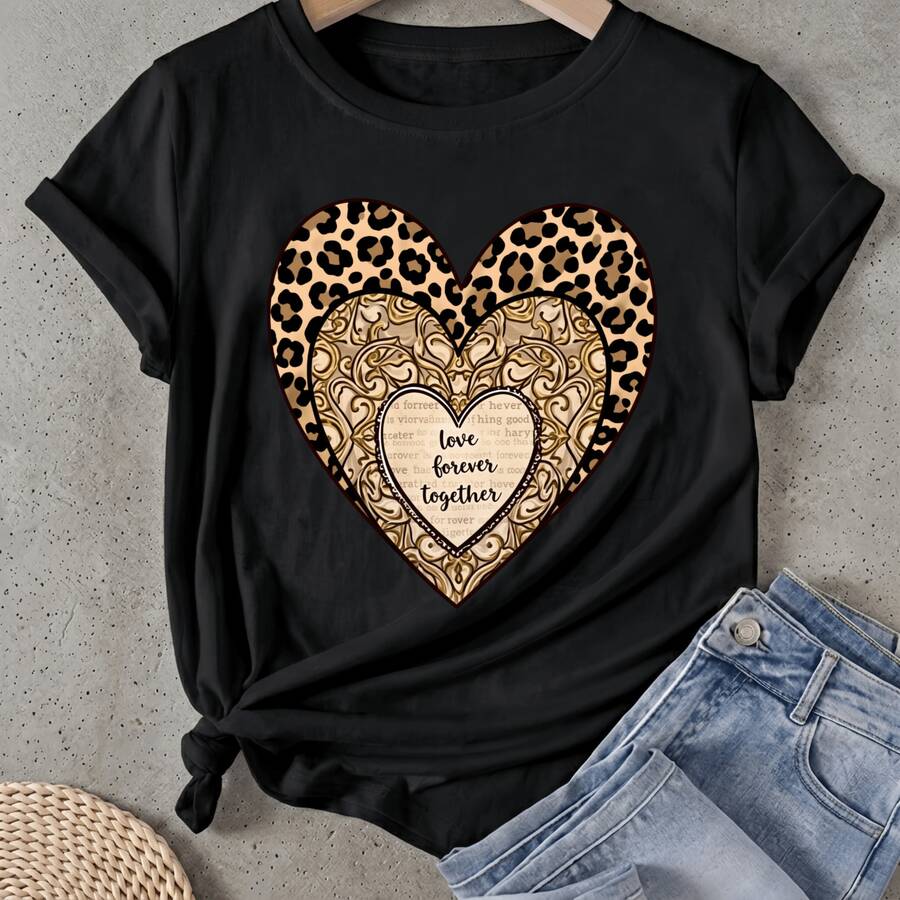 Camiseta de mujer Patrón de Leopardo Corazón Amor Juntos Para Siempre Manga Corta Cuello Redondo Casual Adecuado para primavera y verano - Negro - Ver 1