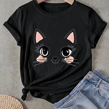 Camiseta de mujer Diseño de Cara de Gato Lindo Manga Corta Cuello Redondo Casual Adecuado para primavera y verano - Negro - Ver 1
