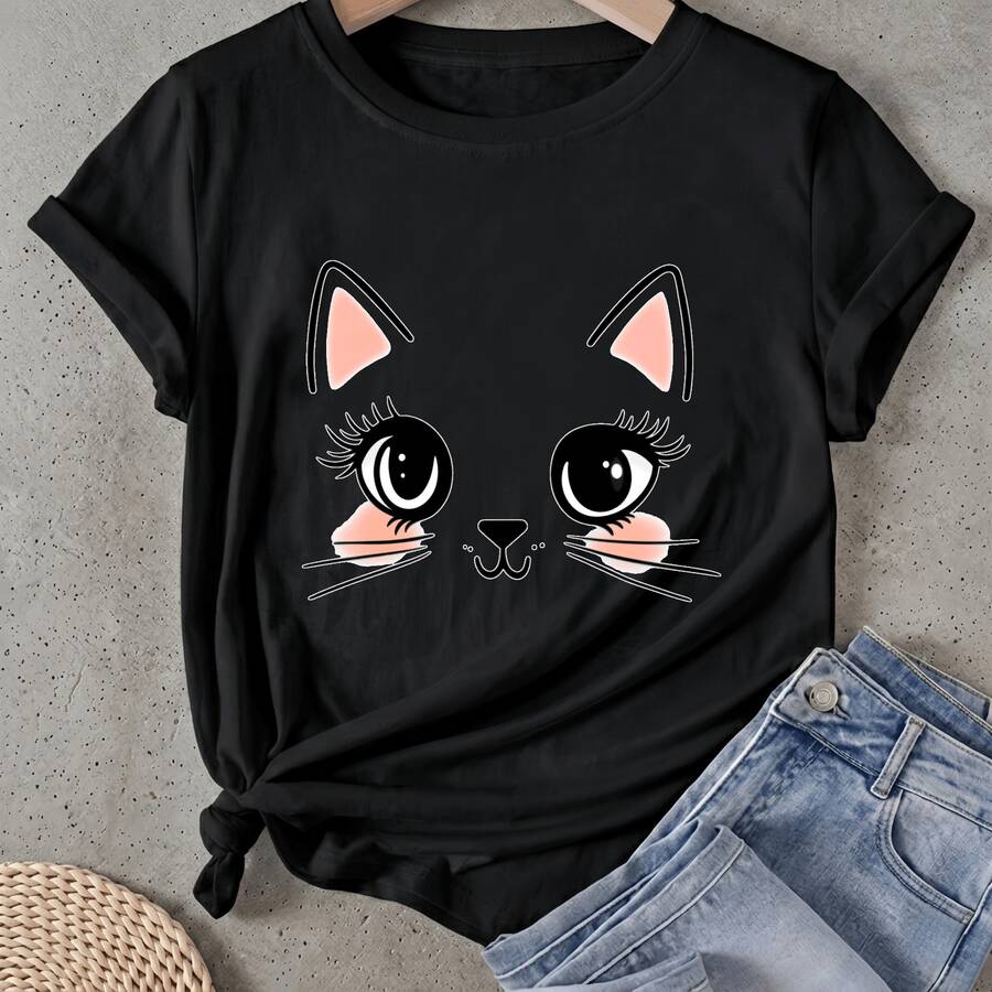 Camiseta de mujer Diseño de Cara de Gato Lindo Manga Corta Cuello Redondo Casual Adecuado para primavera y verano - Negro - Ver 1