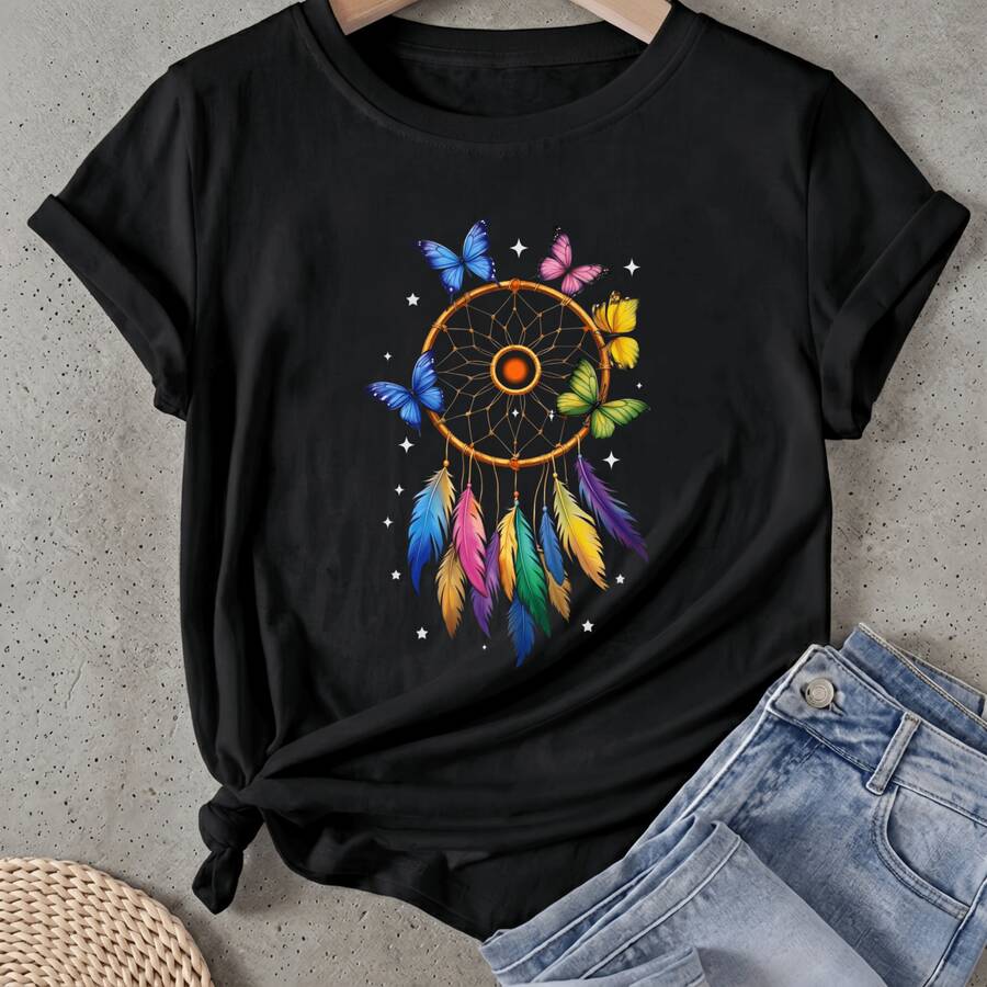 Camiseta de mujer Atrapa sueños Mariposas Plumas Estrellas Colorido Manga Corta Cuello Redondo Casual Adecuado para primavera y verano - Negro - Ver 1