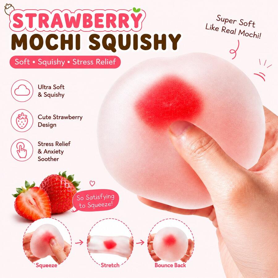 1pc Strawberry Mochi Squeeze Toy, Stress Relief, Moldable, High Aesthetic, Semi-Transparent, Soft Sticky Toy For Women
