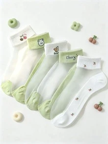 5 pares/10 pares de calcetines cortos de verano con diseño de oso de dibujos animados en verde, calcetines de barco finos, transpirables y antideslizantes de seda cristalina - Multicolor - Ver 2