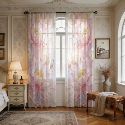 2 st rosa lotustryckta platta skira gardiner, matchande festivaldekoration, heminredning, festivaltemadekoration, maskintvättbar, stångfickahängande, ofodrade, dekorativa skira gardiner, lämpliga för vardagsrum, sovrum, arbetsrum, soffrum, etc., ge presenter till familj och vänner, skydda integritet, lämpliga för fyra årstider dekorativa skira gardiner, lotus skira gardiner