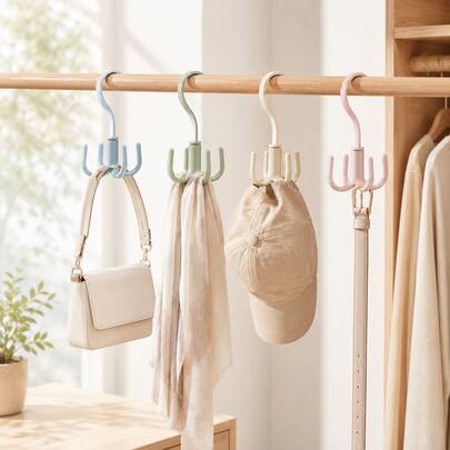 Rotating 4-Claw Wall Hook, No-Drill Multi-Function Storage Rack For Bags, Clothes & Scarves, 4 Colors