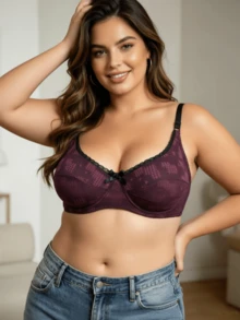 1pc Purple Minimalist Sexy Semi-Sheer Underwire Lace Trim Adjustable Strap Plus Size Bra - Purple - View 7