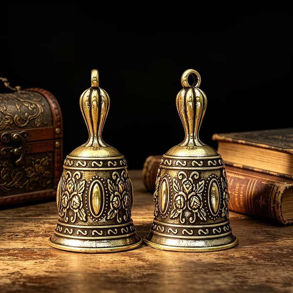 Lonceng Tangan Logam Timbul Antik, Lonceng Bunga Perunggu Antik, Lonceng Layanan Dekoratif Retro, Ornamen Altar Penyihir