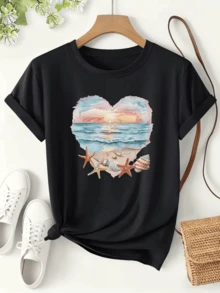 A Heart Formed By The Pink And Blue Sky Of A Sunset Over The Sea With Starfish And Shells That Convey Calm And Love For Nature. Comfortable Casual Women's T-Shirt For Summer - 黑色 - 查看 8