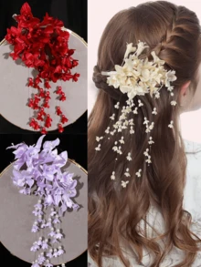 1pc Lily Of The Valley Flower Tassel Edge Hair Clip, New Chinese Style Fabric Flower Pearl Tassel Hair Pin, Gentle Atmosphere Updo Hair Accessory - Multicolor - View 7