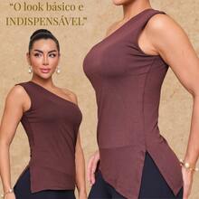 Blusa Feminina Nula Manca em Viscolycra Ombro Único Elegante Casual - Marrom - Visão 6