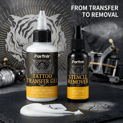 Farfnir 80ml Tattoo Stencil Transfer Gel + 40ml Stencil Removal Spray Set, Aloe Vera Rich, Suitable For Tattoo Stencil Application And Studio Use. Fresh And Non-Greasy, Gentle And Non-Irritating. Suitable For Beginners - Provides Clear And Blur-Free Stencil Transfer. Fine Mist Spray Easily Removes Stencils.