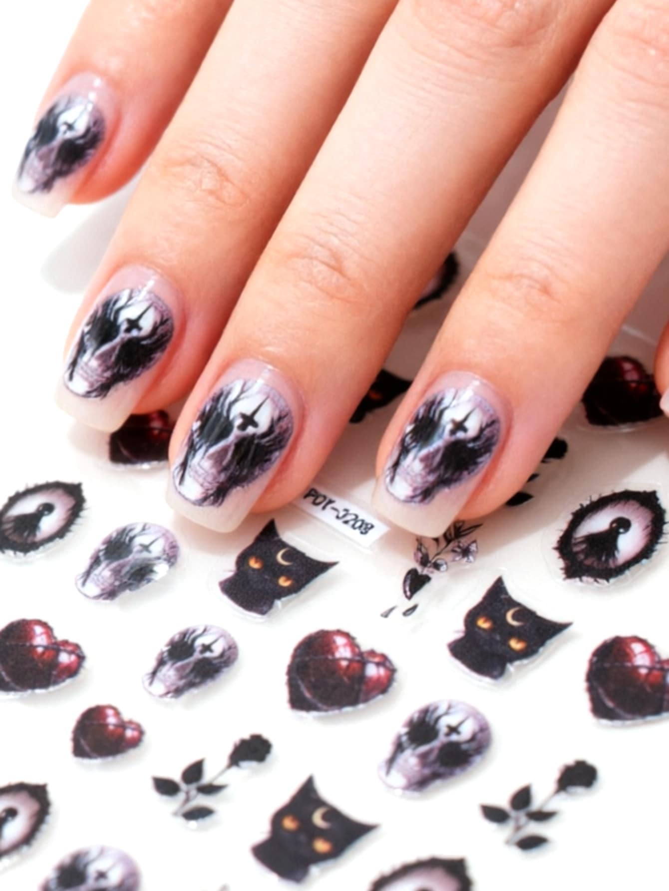 1pc Mysterious Black Cat Skeleton Nail Sticker, Gothic Heart & Rose Nail Decals, One-Time Use Embossed Nail Art Sticker, Dark Style Nail Decoration, Suitable For Theme Party - Multicolor - View 1