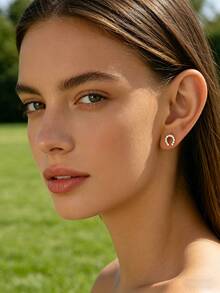 1 Pair U-Shaped Geometric Zirconia Stud Earrings, Suitable For Daily Wear, Commute, And Weddings - Gold - View 2