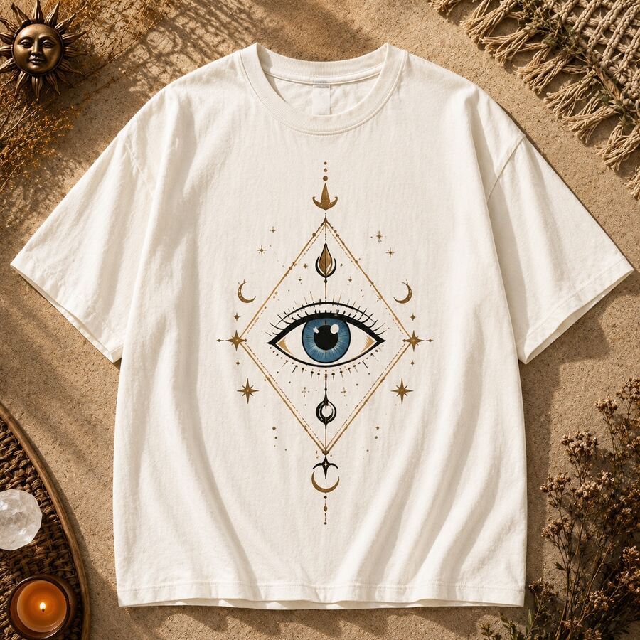 SOLARA WEAR Women's Oversized T-Shirt, Boho Mystic Vintage Style, 100% Soft Cotton, Sun, Moon, Eye, Crystals, Lotus Flower Print, Streetwear, Spiritual Aesthetic, Y2K, Casual, Unisex - 白色 - 查看 1