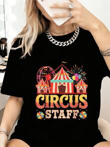 Carpas coloridas con luces brillantes que evocan la alegría del circo y la diversión de un festival nocturno con globos y ruedas divertidas camiseta de mujer casual cómoda para diario - Negro - Ver 1