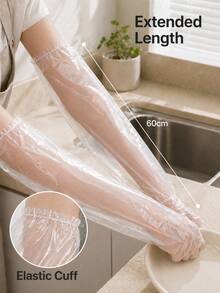 16pcs Set Of Extended And Thickened Disposable Gloves, Suitable For Kitchen Dishwashing And Household Use,, Long Arm, Long Sleeve, Transparent Plastic CPE Material, Suitable For Cleaning - 10Pcs - View 2