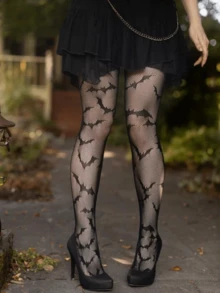 1 đôi tất lưới họa tiết dơi dành cho nữ, tất lưới đen trong suốt kiểu Gothic cao đến đùi, tất lưới khoét lỗ gợi cảm cho lễ hội Halloween, phù hợp với phong cách Goth Punk. - màu đen - Xem 8