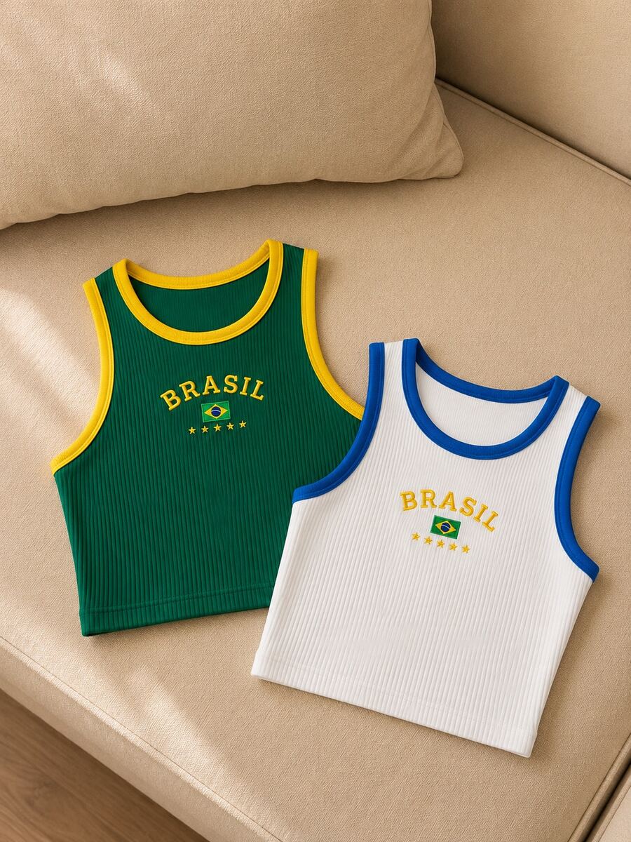 Kit Of 2 Brazil Women's Tank Top Ribbed Jerseys, World Cup Fashion - Green + White - View 1