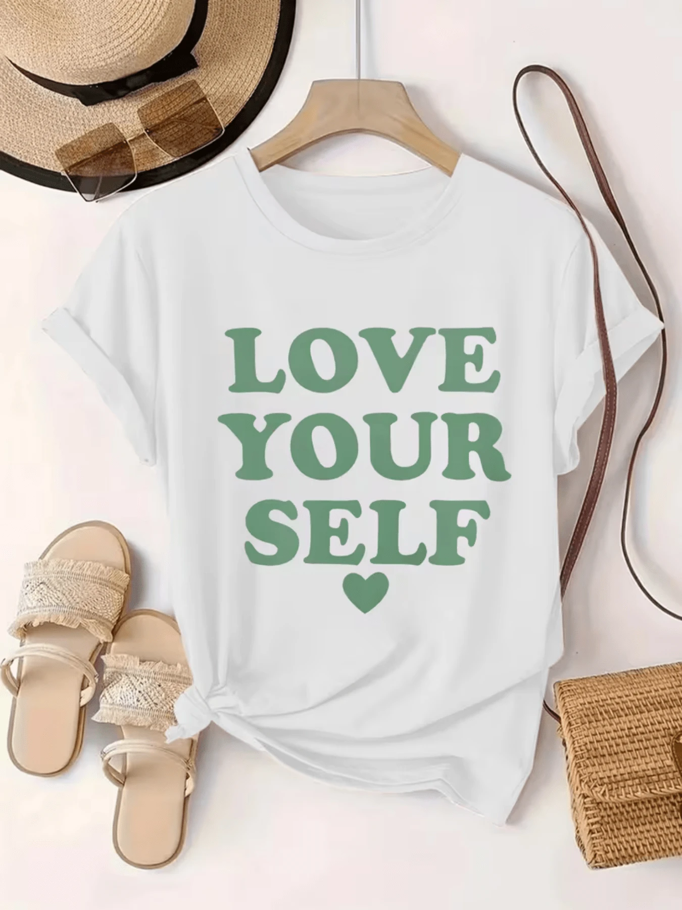 Positive Message That Inspires Self-Love And Confidence With Soft Green Lettering And A Small Heart At The Bottom Symbolizing Self-Care And Kind Energy. Comfortable Casual Women's T-Shirt For Everyday Wear. - 白色 - 查看 1