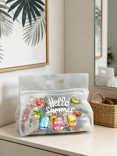 1 Túi đi biển trong suốt dung tích lớn thời trang, túi tote PVC chống thấm nước in hình đồ uống dành cho nữ, hoàn hảo cho kỳ nghỉ hè và tiệc bể bơi, đựng đồ dùng phòng tắm, lý tưởng để đựng dầu gội, sữa dưỡng thể, mỹ phẩm, thêm nét phong cách và thiết thực cho du lịch/sử dụng hàng ngày, phù hợp cho du khách, người đi làm, sinh viên, người yêu thích làm đẹp, hoàn hảo cho các chuyến đi, tập gym, lưu trú tại khách sạn, đựng đồ dùng phòng tắm hàng ngày, đa năng như một hộp đựng đồ vệ sinh cá nhân.