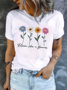 Cuatro flores coloridas con rostros sonrientes simbolizan alegría esperanza y crecimiento personal recordando florecer con confianza cada día camiseta de mujer casual y cómoda - Blanco - Ver 8