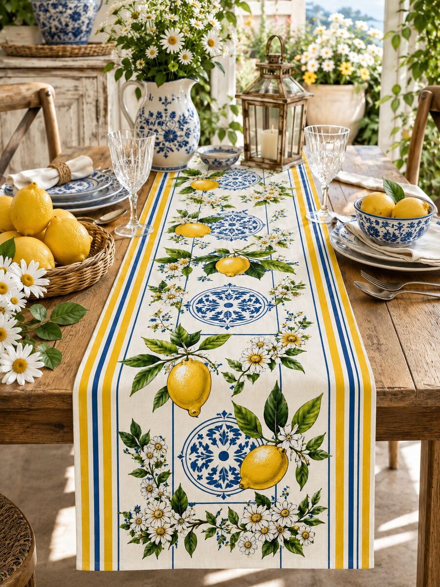1 pieza Camino de mesa de lino con estampado de estrella de mar y concha de estilo costero, diseño de coral con tema de playa, decoración náutica con borde de olas, adecuado para cocina, comedor, patio y fiestas de verano - Multicolor - Ver 1