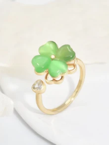 1 chiếc nhẫn xoay hình hoa màu xanh lá cây thanh lịch, tối giản, thời trang, phù hợp cho phụ nữ đeo hàng ngày, quà tặng. - Vàng - Xem 1