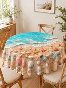 1 pieza Mantel de poliéster con estampado de playa oceánica, ola turquesa, estrella de mar, concha, patrón de coral, opcional redondo/rectangular, borde ondulado, resistente a las arrugas, impermeable, adecuado para cocina, comedor, jardín exterior, patio, fiesta de vacaciones y decoración del hogar de verano - Celeste - Ver 6