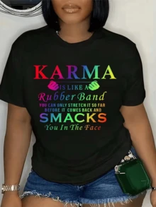 Karma Represented With Rainbow Letters That Evoke Justice And Balance, Showing The Force Of Destiny That Returns Actions With Vibrant And Powerful Energy. Modern Casual Women's T-Shirt For Everyday Wear - 黑色 - 查看 1