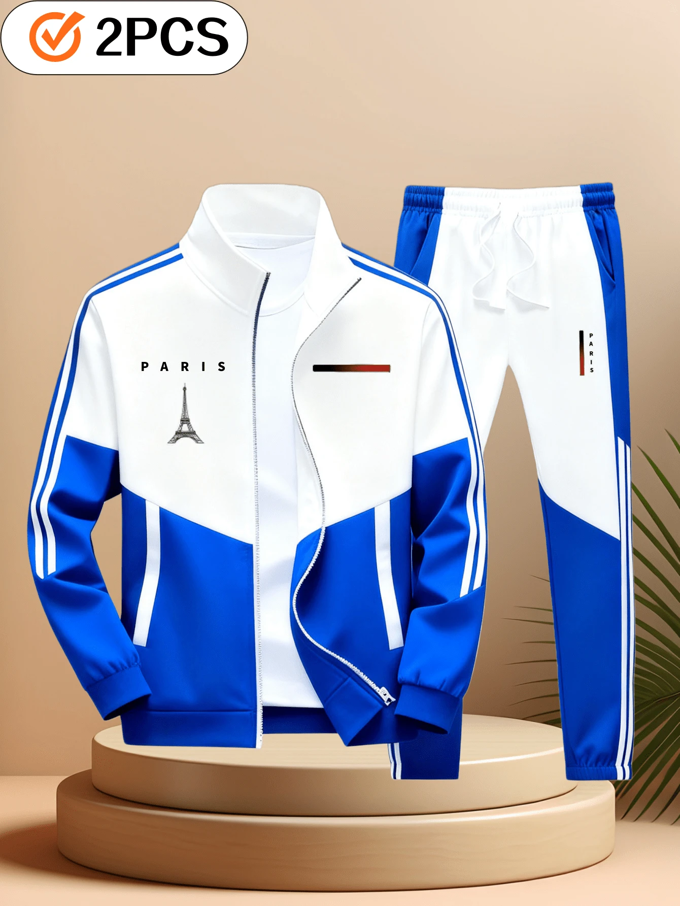 The All-Occasion Parisian Casual Sportswear Set - Casual Sport Jackets And Sport Pants, With Geometric Pattern Designs, For Fitness And Running. - Blue - View 1