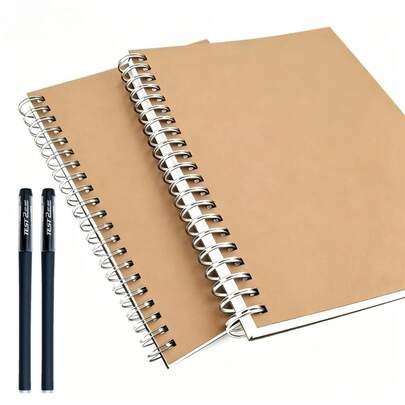 3pcs Set Includes 1 Notebook + 2 Ballpoint Pens, 60 Sheets/120 Pages, A5 Spiral Bound Notebook, Cardboard Cover, Ruled Notebook Wholesale, Hard Cover Diary Notebook, Suitable For Office & School Supplies