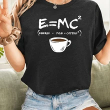 Camiseta de Manga Corta para Mujer, Estilo Europeo y Americano, Verano, Contraste de Colores, Estampado con Letras Blancas y Diseño de Taza de Café, Moda Urbana, Versátil, Casual, Deportiva, Cuello Redondo, T-shirt - Negro - Ver 2