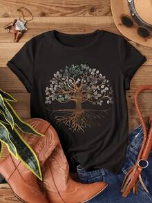 Tree Of Life With Deep Roots And Branches Full Of Leaves Symbolizing Balance, Growth, Connection With Nature And Positive Energy. Comfortable Casual Women's T-Shirt For Everyday Wear. - 黑色 - 查看 1