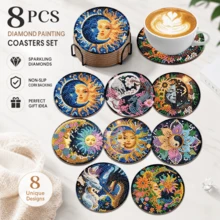 8件套日月DIY钻石画杯垫套装，圆形闪亮钻石表面，强力背胶，工具齐全，适合初学者，减压手工，新年、情人节、圣诞节、教师节礼物，家居装饰桌面杯垫，送给家人、朋友、女朋友、老师 - 彩色 - 查看 2