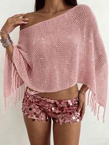 Suéter de punto rosa para mujer, primavera/verano, para vacaciones en la playa e isla, cuello amplio, multiusos, calado, con borlas, bajo asimétrico, holgado, para banquete, calle, versátil, casual, con protección solar, tipo cover-up - Rosa - Ver 6