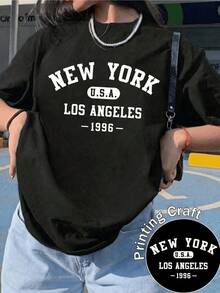 Large Lettering Evokes The Urban Spirit Of New York And Los Angeles, Along With The Year 1996, Symbolizing Modern Energy And A Relaxed Attitude. Comfortable, Modern, Casual Women's T-Shirt For Everyday Wear. - 黑色 - 查看 1