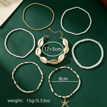 一套手工串珠海星贝壳吊坠手链套装，适合海滩度假 - 白色腳鍊6 - 查看 2