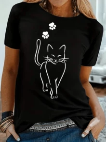 Minimalist Cat Walking With Paw Prints Symbolizing Freedom, Elegance, And Spiritual Connection With Animals. Women's Casual, Modern, Comfortable T-Shirt For Everyday Wear. - 黑色 - 查看 1