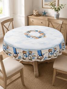 1pc Coastal Beach Print Polyester Tablecloth, Starfish Shell Bicycle Beach Chair Pattern, Round/Rectangular Optional, Wavy Edge Wrinkle-Resistant Waterproof, Suitable For Kitchen Dining Room, Outdoor Garden Patio, Vacation Party And All-Season Home Decor - Baby Blue - View 8