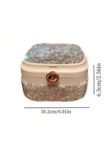 1pc Luxury Sparkling Rhinestone Jewelry Box, Makeup Lipstick Storage Box For Necklace Earrings Rings, Portable Travel Jewelry Case With Mirror, Elegant Gift For Girls And Women - Silver - View 4