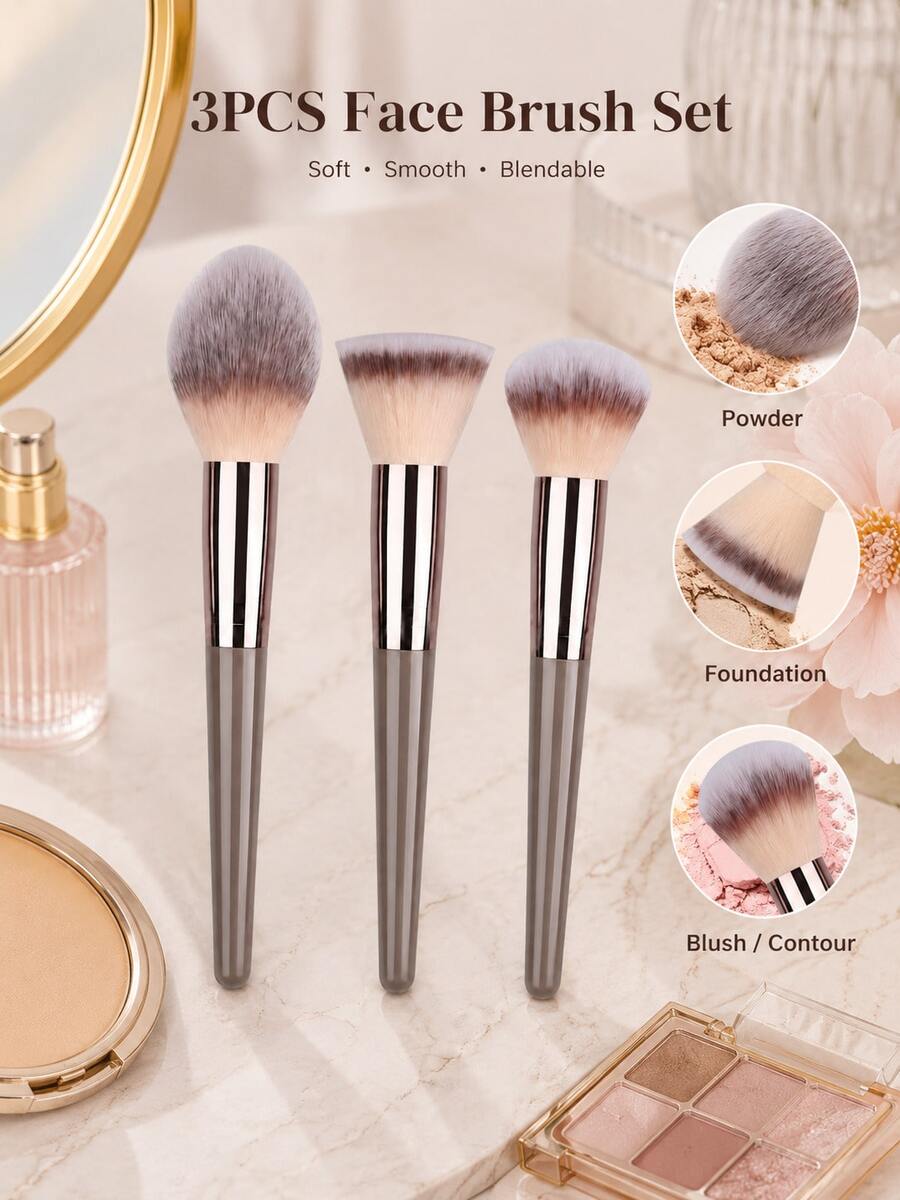 Bộ 3 cọ trang điểm cao cấp cỡ lớn, mềm mại và bông xốp, đa năng dùng để đánh phấn phủ, tạo khối, má hồng, phấn mắt, kẻ lông mày, tạo đường nét và trang điểm. - Xám - Xem 1
