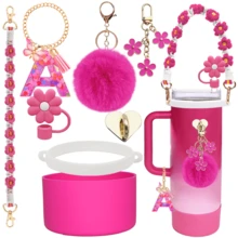 Acessórios para Canudo de 8-9mm, Capa de Silicone para Copos Térmicos de 30-40oz, Presente de Natal para Mulheres, Decoração DIY, Decoração de Ação de Graças, Presentes de Natal para Amigos, Decoração para Festa de Natal, Acessórios (Copo Não Incluso) - Rosa Vermelha 26 Letras - Ver 1