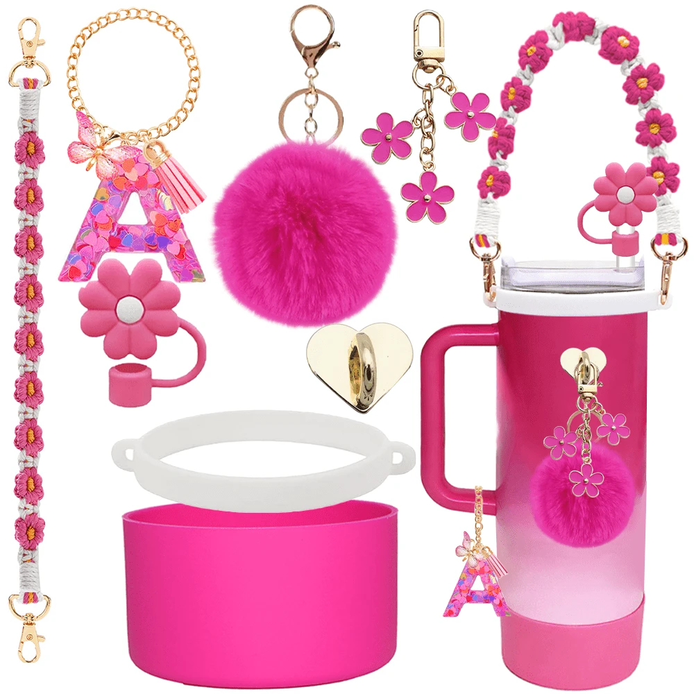 Acessórios para Canudo de 8-9mm, Capa de Silicone para Copos Térmicos de 30-40oz, Presente de Natal para Mulheres, Decoração DIY, Decoração de Ação de Graças, Presentes de Natal para Amigos, Decoração para Festa de Natal, Acessórios (Copo Não Incluso) - Rosa Vermelha 26 Letras - Ver 1